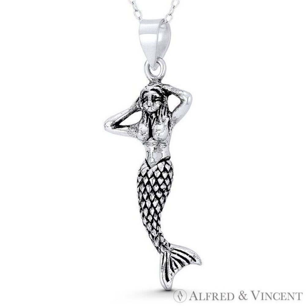 Mermaid / Siren Mythical Creature Charm Pendant in Oxidized .925 Sterling Silver